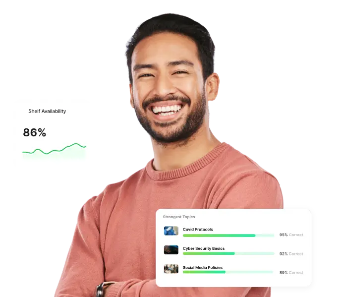 Qontrolle franchise accounting dashboard and smiling business owner